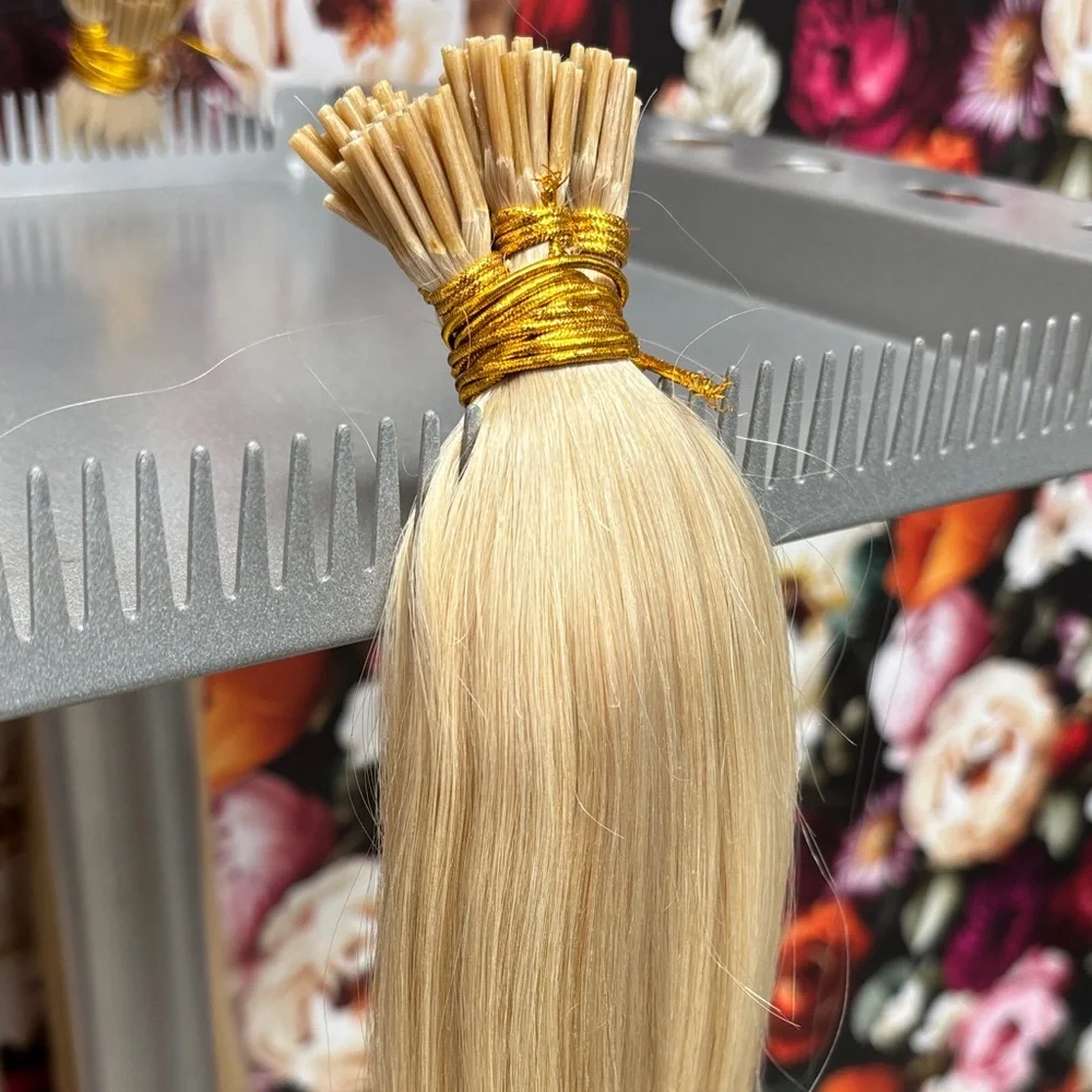 22” I-tip extension 100% human hair 125 pieces per bundle. Light blonde